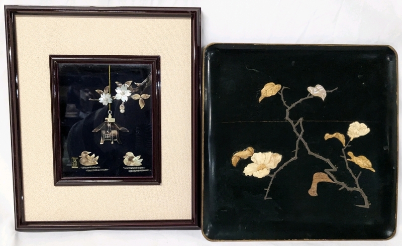 Framed Chinese Carved Abalone Shell, Mother-of-Pearl, and Pearl Oyster 3D Shadow Box Wall Art & Possibly Antique Japanese Signed Shizuoka Sato Lacquered Tea Tray