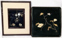 Framed Chinese Carved Abalone Shell, Mother-of-Pearl, and Pearl Oyster 3D Shadow Box Wall Art & Possibly Antique Japanese Signed Shizuoka Sato Lacquered Tea Tray