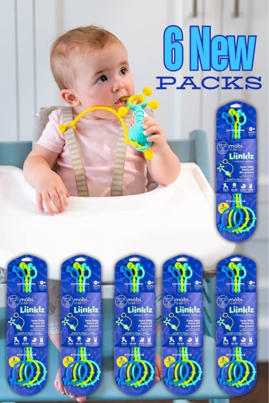 6 (Six) New M&Ouml;BI Liinklz 3-Pack Cool Colors Silicone Tether Packs : Toy Straps for Baby, Stroller, High Chair | 0 Months+ | Retail Value of Over $110!