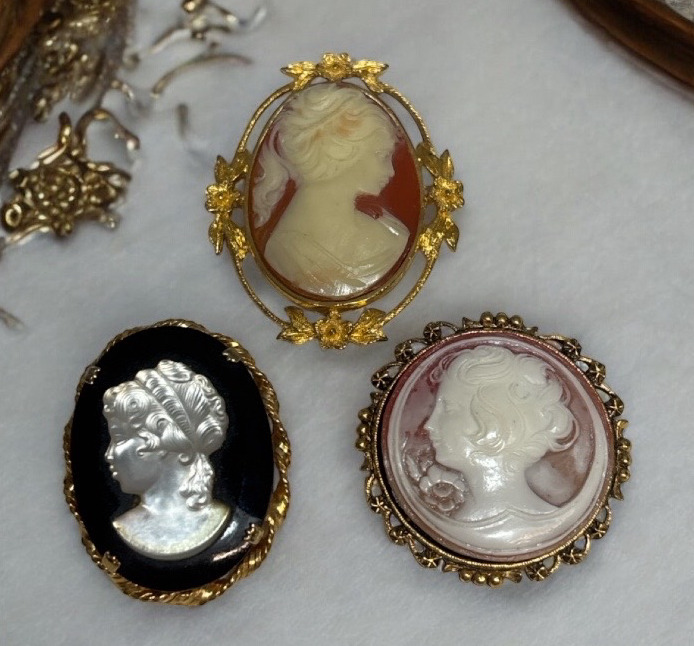 Three Vintage Beautiful Cameo Brooches.