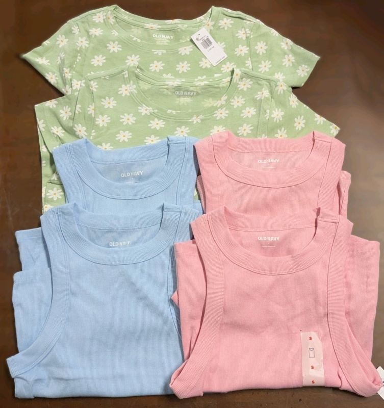 6 New Shirts! 2 Teen Size Large (10-12) Daisy Print Softest Tees & 4 Adult Size Small Ribbed Tank Tops (2 Blue, 2 Pink)