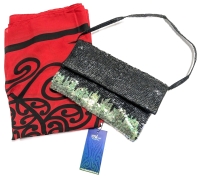 Striking New Hard Out Kiwi Scarf (26" x 70") & Vintage Kalos Collection Vernazza - Cinque Terre Sequin Purse Made in Italy (10" x 6")