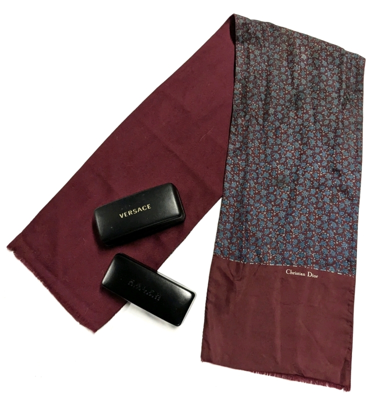 Gorgeous CHRISTIAN DIOR 100% Silk Scarf w 100% Wool Back & Ralph Lauren + Versace (Empty) Hard Cases for Glasses