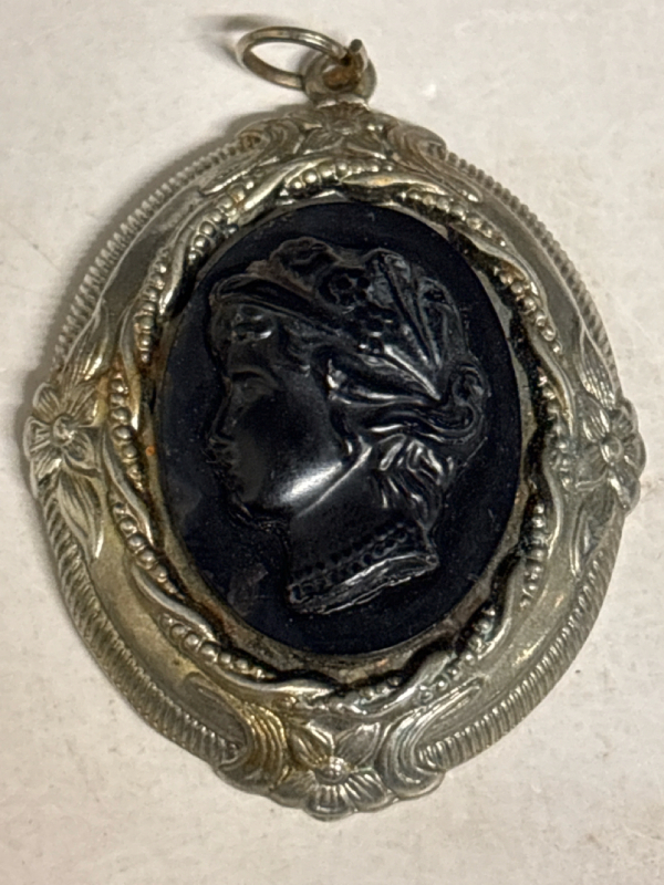 1940s Coro Sterling Black Cameo Pendant Signed Victorian Revival