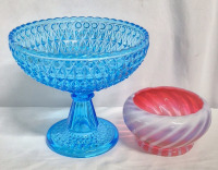 Beautiful Glass Compote 7.5" Tall & Swirl Striped Bowl 3.5" Tall