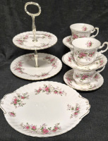 10 Royal Albert Lavender Rose's Dishes - Cups & Saucers, Cake Plate and 2-Tier Cake Stand