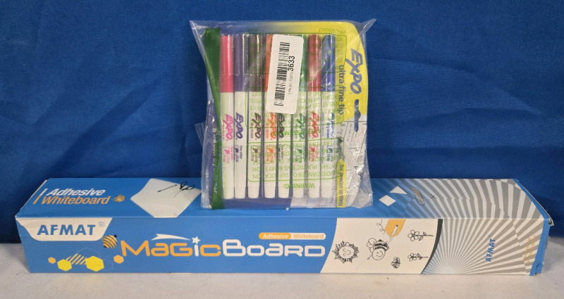 New Afmat Self Adhesive Dry Erase Paper (2.5" Dia & 17&frac14;") & New 8-Pack Expo Assorted Colour Dry Erase Markers
