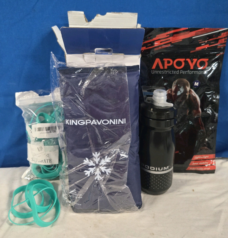 All New | King Pavonini Gel Ice Pack For Knee | 15+ Pack Small Resistance Bands | Podium 21 Oz Plastic Water Bottle | Size Medium Apoyo Arm Braces