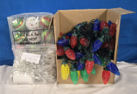 12 New Christmas Ornaments Aprox 2" Diameter, New String Lights/ Fairy Lights 25+ Feet & New 100 LED C9 String Lights