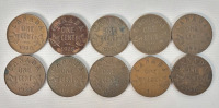1920 - 1936 Canadian King George V One Cent Pennies . 1920 , 1928 , 1929 , 1931 , 1932 &times;2 , 1933 , 1934 , 1935 & 1936 . Ten (10) Coins