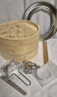 New Tessco 2 Tier Bamboo Steamer Basket Set 10" Diameter Includes Stainless Steel Steamer Ring, Dumpling Maker Mold and Cutter, Meat Spoon, 2 Pairs Bamboo Chopsticks & 2 Pcs Sauce Dish