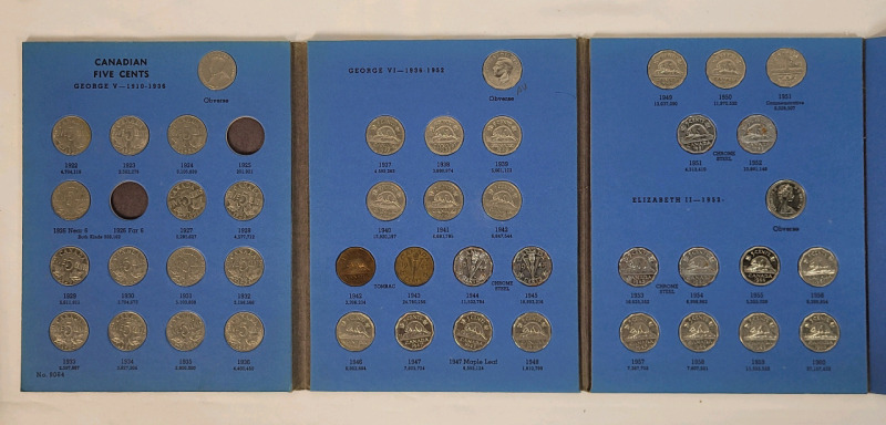1922 - 1960 Canadian Nickels in Whitman Blue Book . Includes 1926 Near 6 . Missing 1925 & 1926 Far 6 . All Slot Have Correct Year