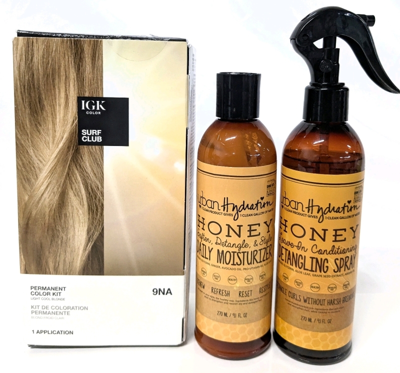 New IGK Surf Club Permanent Color Kit (Light Cool Blond 9NA) & As-New UrbanHydration Honey Detangling Spray + Daily Moisturizer