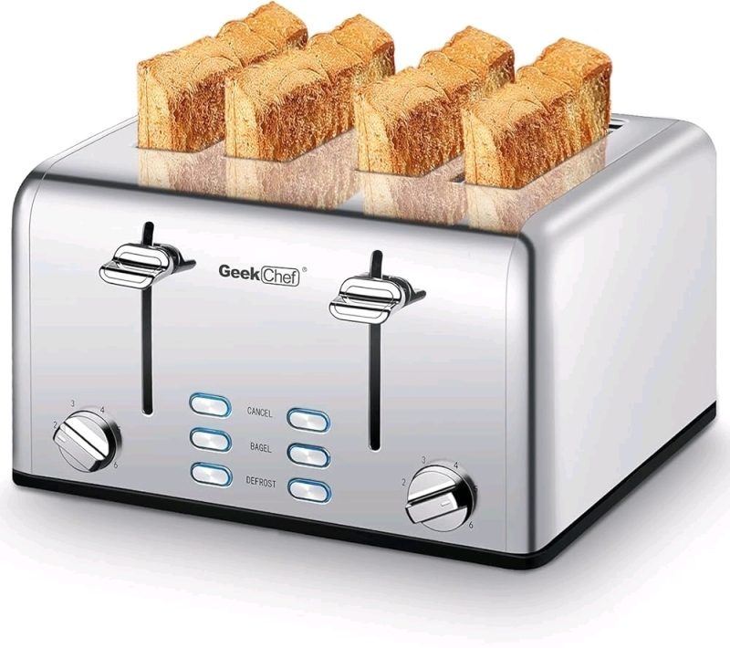New GEEKCHEF 4-Slice 1550 Watt Toaster with Defrost, Bagel & Cancel Functions | GTS4B-1 | Retails for $150!