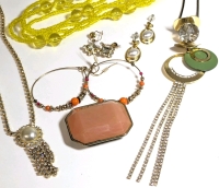 Yellow Glass Beaded, Faux Pearl Rhinestone & Long Dangly Necklaces, 3 Pairs Earrings & Large Cabochon | Necklaces up to 28" Long