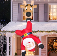 New | Joiedomi Holiday Inflatable Reindeer W/ Falling Santa Window Breaker | 6Ft Tall * Sticks To Window *