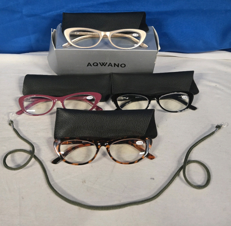New | Aqwano 4 Pack Of 1.50+ Prescription Eye Glasses W/ Carry Cases & Cleaning Clothes