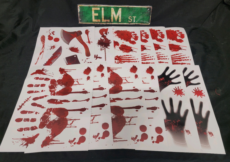 New - Halloween Blood Prints Wall Stickers & ELM St. Tin Street Sign . 12 Sticker Sheets , Each Sheet measures 11.5"&times;14.5"