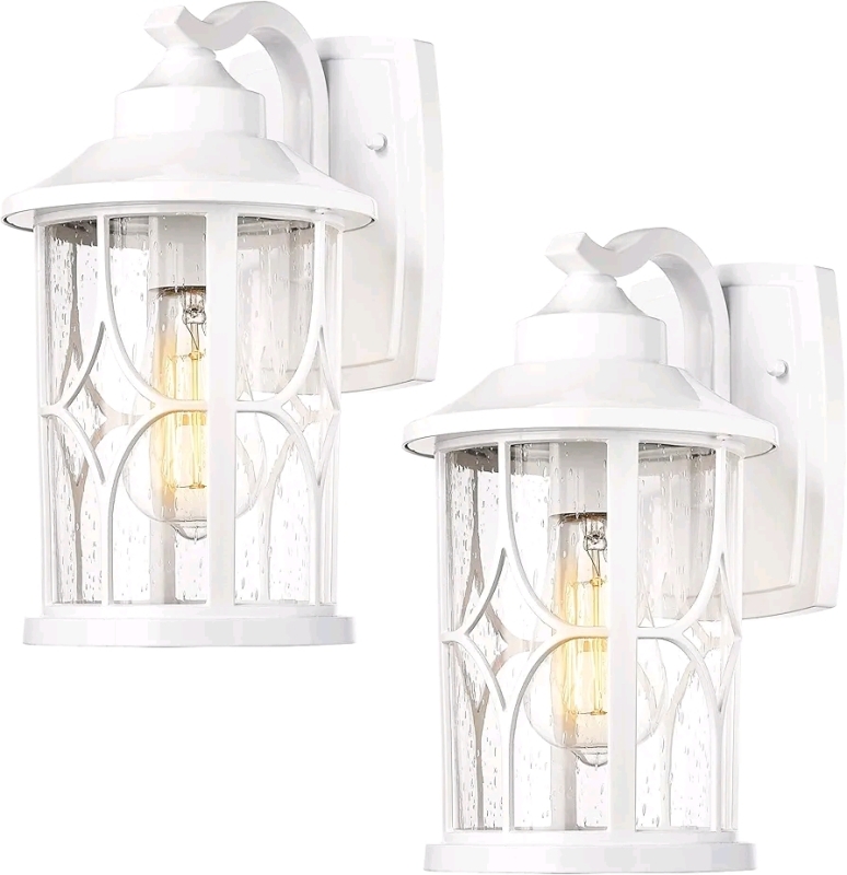 New - Zeyu 2-Pack Outdoor Wall Sconce Lights, Modern Farmhouse Outdoor Porch Lights for House, Die-Cast Aluminum in White Finish, Seeded Glass Shade,