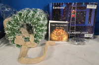 4 New | Eambond Christmas Ladder Light 9+Ft | Copper Wire String Lights 200 LEDs | Pack Of ( 5 ) Christmas Wreaths 9 " Dia | & 1 Pack Of String Lights Length Unknown W/ Remote