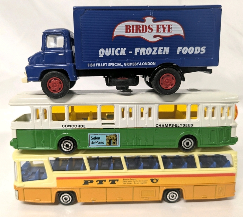 2 MAJORETTE France Diecast & Plastic 1/87 Scale Transit Buses Autobus No. 310 & Neoplan No. 375 + Vanguards England Thames Trader Birds Eye Quick Frozen Foods Delivery Truck