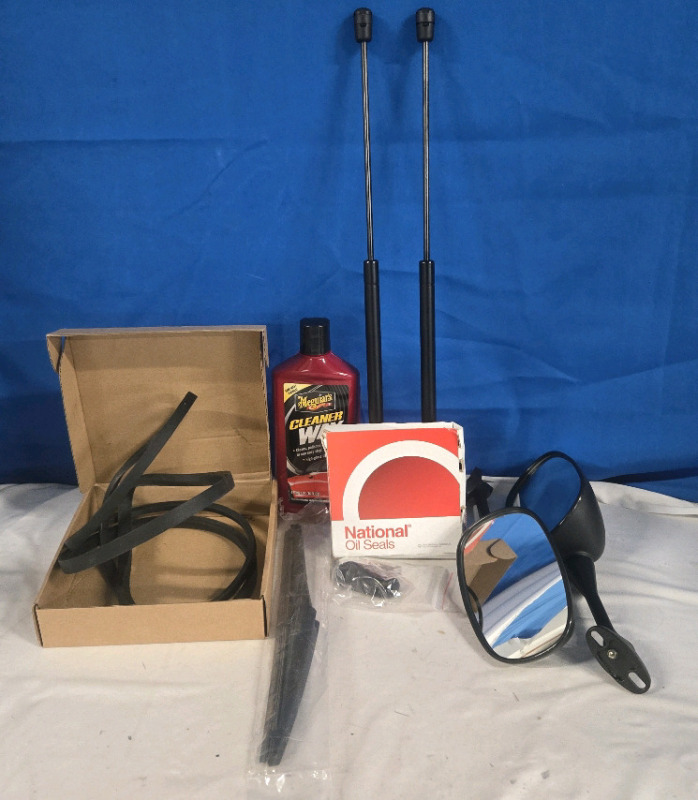 6 New | Meguiars 473ML Of Car Cleaner Wax | 2 Washer Belts 211125 | Rear Windshield Wiper Blade 11" Long | National Oil Seals Model 710237 | EuploKeer Gas Struts For Truck Cab Glass | 2 Mirrors Appear To Be For Motorcycles 12" Long
