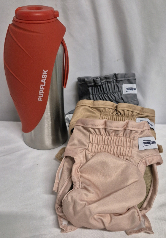 New Travel Pupflask & 3 Vuncessin sz Small Pet Diapers