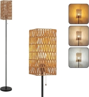 New - Floor Lamp with Square Hand-Worked Rattan Shade . Black Tall Lamp with Chain Switch & LED Bulb Included. Measures 62" Tall . Some Assembly Required