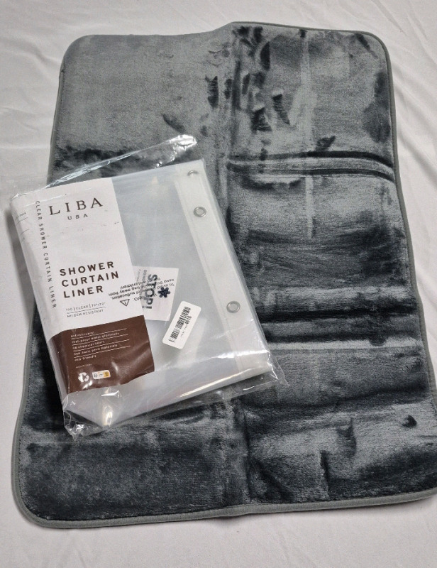 New Liba Clear Shower Curtain 72 by 72" & New Memory Form Mat 20 by 29"