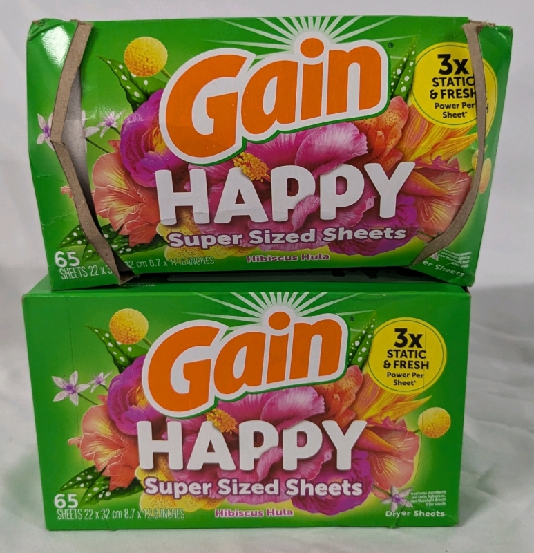 2 New Gain Happy Super Sized Dryer Sheets. (130 Sheets total) Hibiscus Hula Scented