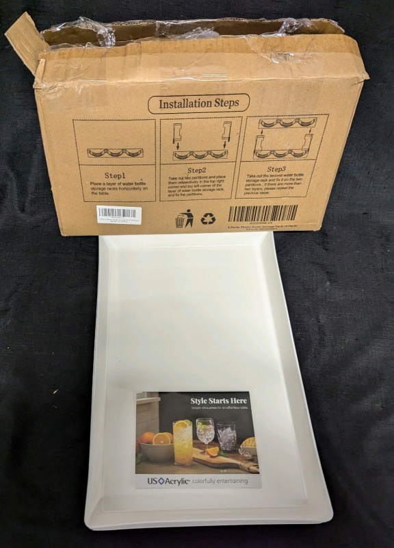New Damomo 4 Pack Stackable Water Bottle Organizer (39.1" Tall) & 4 New US Acrylic Serving Trays (14.5" x 10").