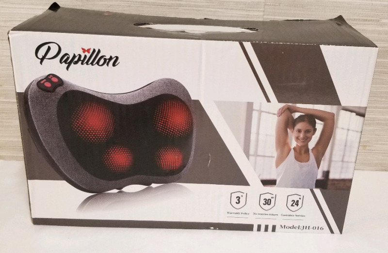 New PAPILLON Shiatsu neck and back Massager pillow with heat model JH-016. Box has minor damage from transit.