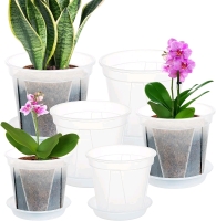 New - Clear Plant Pots , Set of 6, Clear Plastic Nursery Pots with Drainage Holes and Saucers . Measures 6" , 5" & 4" tall