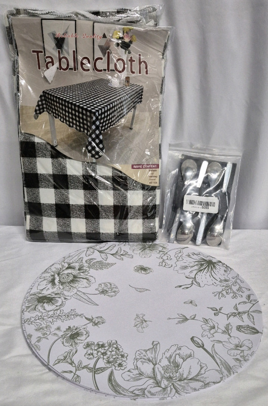 New Kitchen Lot - Tablecloth, Spoons & 40+ Paper Placemats