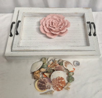 New Home Decor Lot - Alycaso Ceramic Flower, 2 Wooden Trays & Crafting Seashells