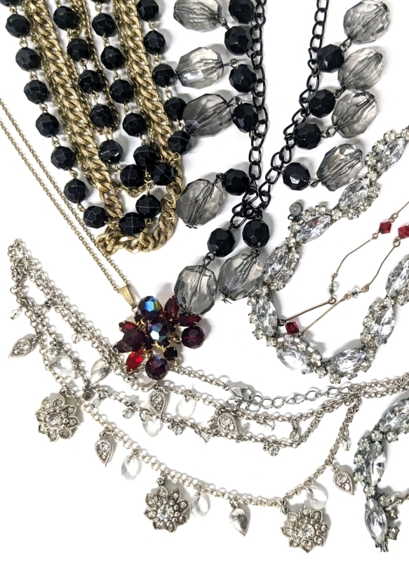 6 Assorted Necklaces: AB Rhinestones, Over-Under Style , Chunky Beads + | Up to 19" Long