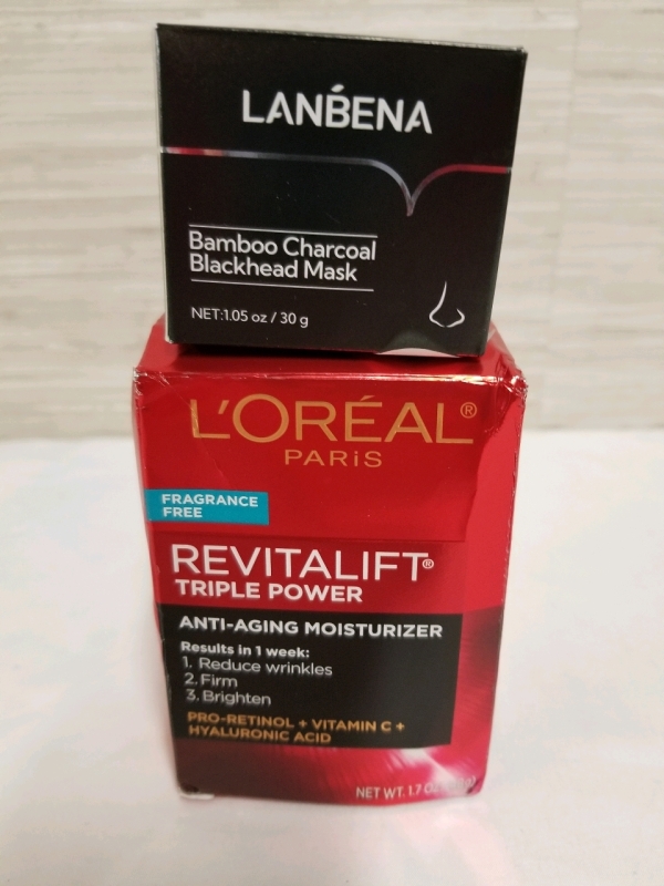 New L'Oreal REVITALIFT anti-aging moisturizer 48g size and Lanbena Bamboo Charcoal blackhead mask 30g size