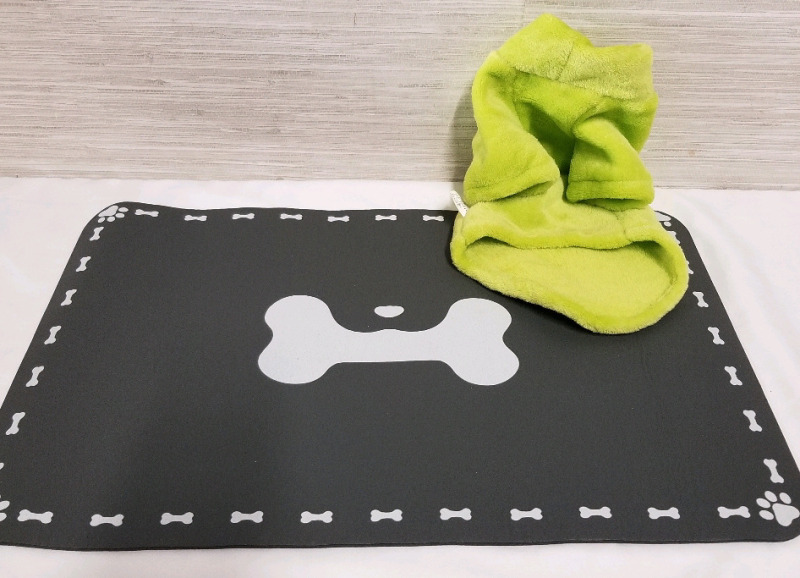 New silicone dog bowl mat (19" by 12") and panda size small dog coat