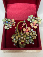 Vintage TRIAD Signed AB Fruit Salad Basket Brooch Earrings Set