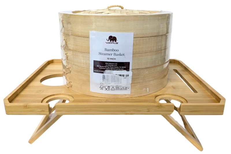 New 10 inch 2-Tier Bamboo Steamer Basket Set with 2 Pairs of Chopsticks, 1 Sauce Dish & 20 Disposable Liners + Foldable Bamboo Picnic Table with 4 Wine Glass Holders (15.75" x 12.25" x 5.75" Tall)