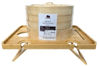 New 10 inch 2-Tier Bamboo Steamer Basket Set with 2 Pairs of Chopsticks, 1 Sauce Dish & 20 Disposable Liners + Foldable Bamboo Picnic Table with 4 Wine Glass Holders (15.75" x 12.25" x 5.75" Tall)
