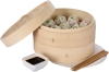 New 10 inch 2-Tier Bamboo Steamer Basket Set with 2 Pairs of Chopsticks, 1 Sauce Dish & 20 Disposable Liners + Foldable Bamboo Picnic Table with 4 Wine Glass Holders (15.75" x 12.25" x 5.75" Tall) - 2
