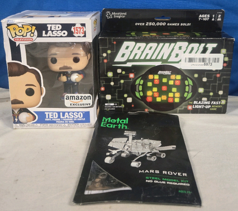 3 New | Funko Pop #1573 Ted Lasso Vinyl Figure | Metal Earth Mars Rover Steel Model Kit * No Glue Required * | Brainbolt The Blazing Fast Light Up Memory Game