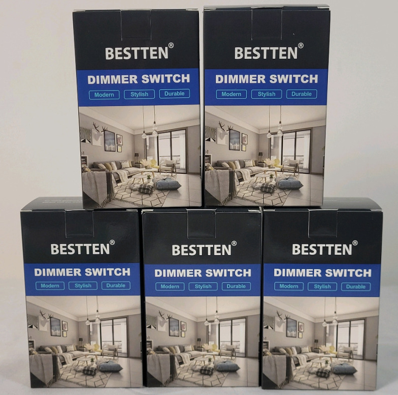 New - BESTTEN Five (5) Dimmer Light Switch, Single Pole or 3 Way, Compatible with Dimmable LED, Incandescent, Halogen and CFL Bulbs, White