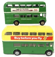 2 CORGI Diecast London Transport Double Decker Buses | #406 Redhill "Pentel, Click on the Draw" & #14 High Street Special "Buy Before You Fly, Duty Free " | 2.5" Tall