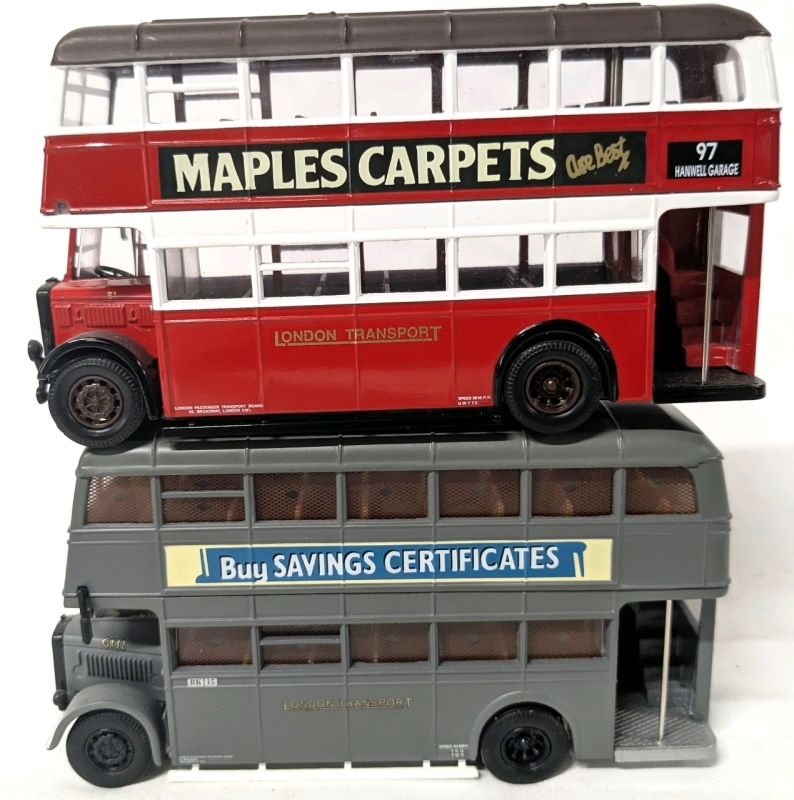 2 CORGI Diecast Double Decker Utility Busses | #145 Food Works 'Buy Savings Certificates / Schweppes' & #97 Hanwell Garage 'Drink Tizer / Maples Carpets' | 3.25" Tall