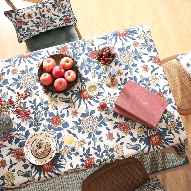New 63" x 102" PATDREA Designer Vintage Farmhouse-Style Linen Tablecloth with Leaves and Flowers for Rectangular Tables | Retails for Over $50!