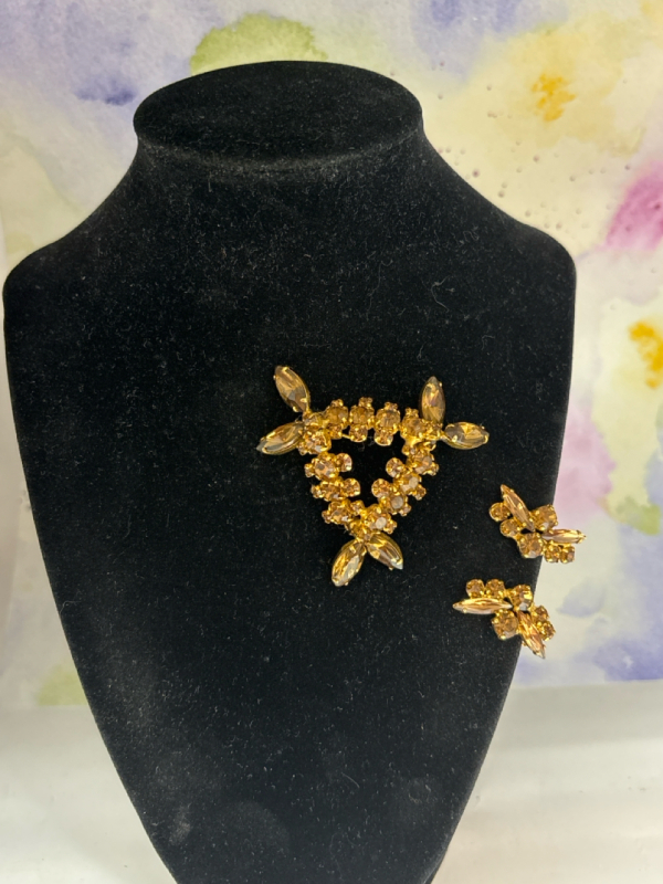 Vintage Topaz Large Triangular Open Rhinestone Brooch & Earrings