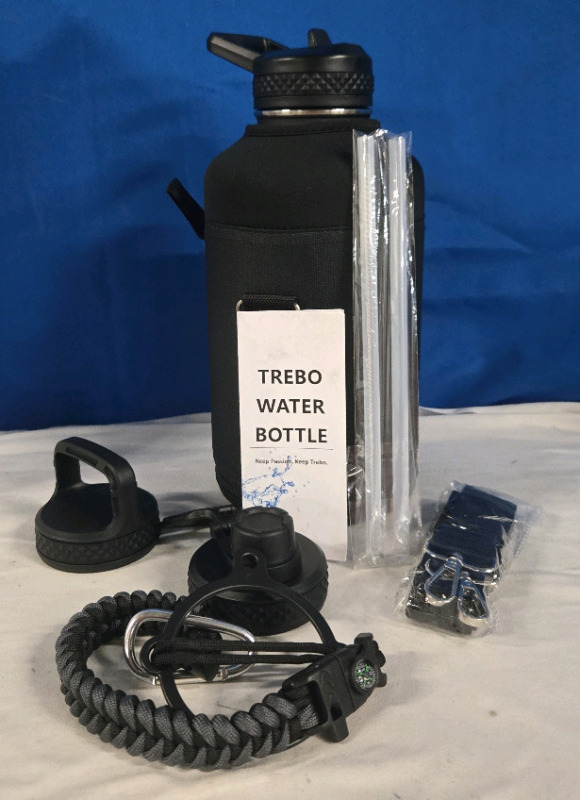 New | Trebo 64 Ounce Metal Water Bottle W/ 2 Interchangeable Lids, 2 Reusable Plastic Straws & 2 Landyards | 11" Tall * Retails For $50+ *