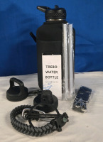 New | Trebo 64 Ounce Metal Water Bottle W/ 2 Interchangeable Lids, 2 Reusable Plastic Straws & 2 Landyards | 11" Tall * Retails For $50+ *